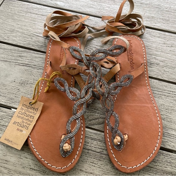 Laidback London  Henning Leather Sandals Beaded Straps Size 8 (39) NWT - Picture 1 of 9